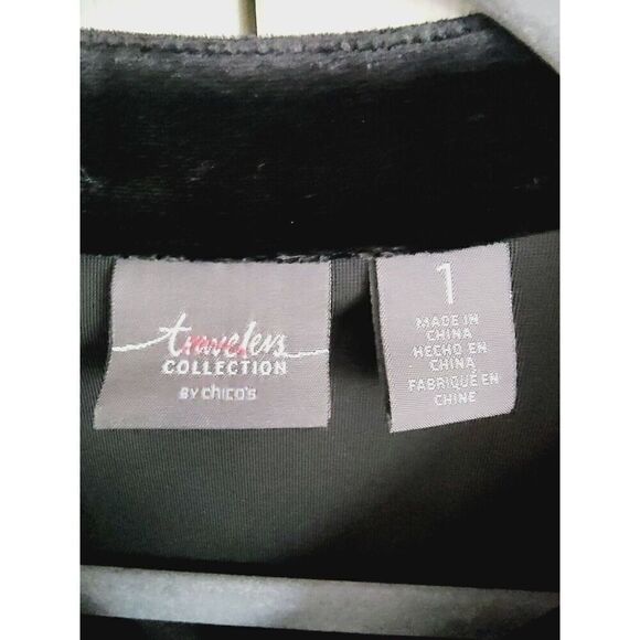 Chico's Travelers 1 Black Velour‎ & Lace Burnout Shirt Front Button Silk Blend - Picture 5 of 6